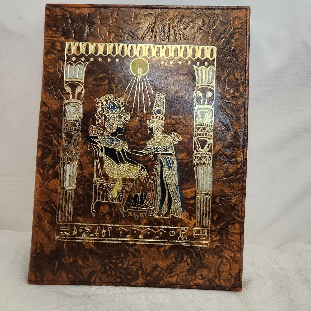 Vintage King Tut Nefertari Camel Leather Embossed Portfolio Padded Notebook